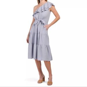 Nicole Miller Elegant Single One-Shoulder Linen dress size L ruffle Lavender